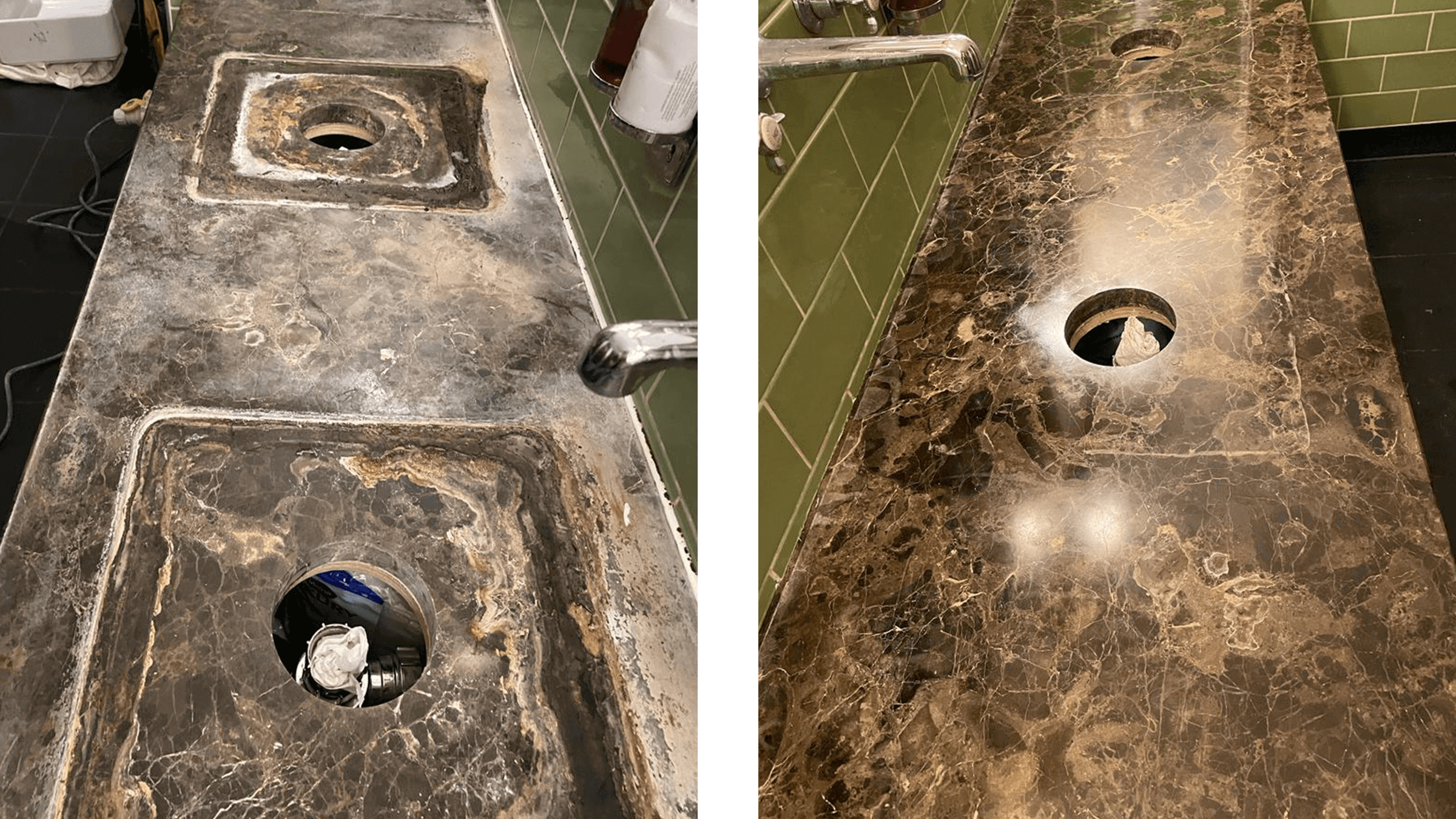 Removal of excess limescale and restoration of vanity tops in restrooms